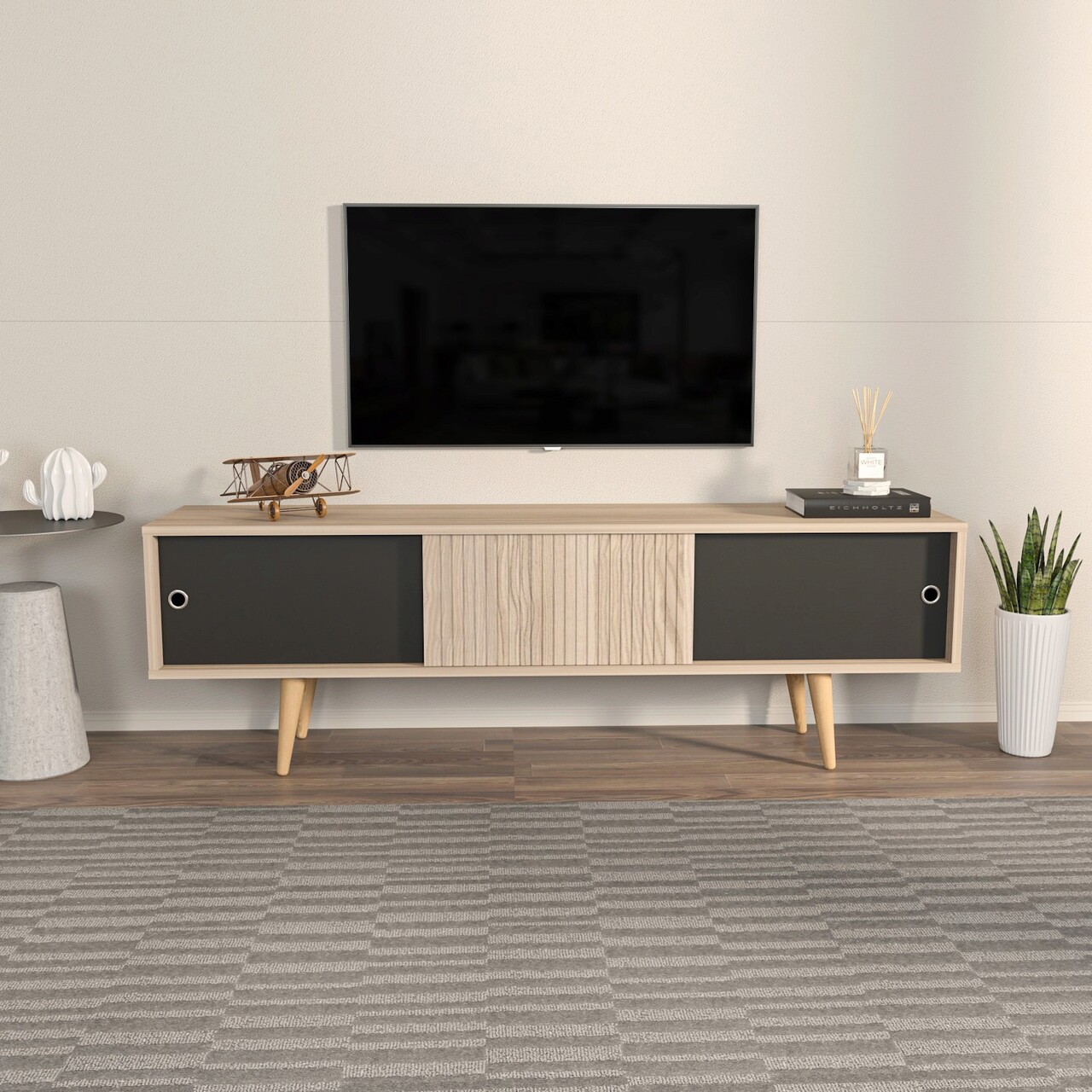 Comoda TV, Hanah Home, Ecrin, 160x45x34.5 cm, Stejar / Negru - imagine 7